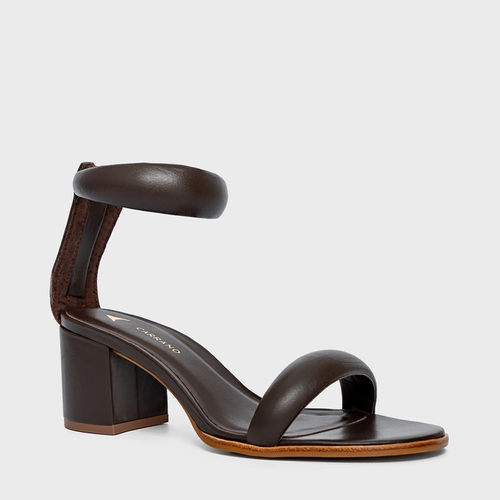 Sandália Puffy Tiras Salto Bloco Couro Marrom Dark Brown