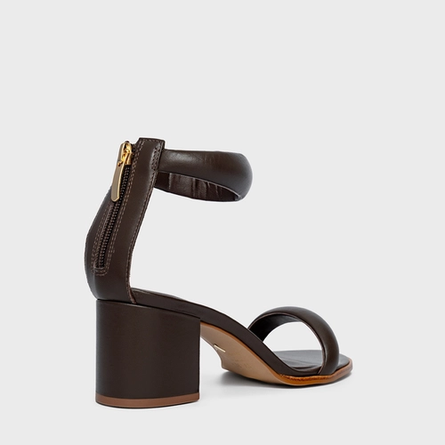 Sandália Puffy Tiras Salto Bloco Couro Marrom Dark Brown