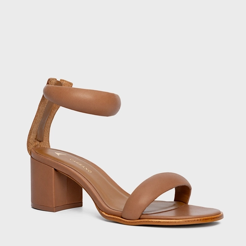 Sandália Puffy Tiras Salto Bloco Couro Marrom Luggage