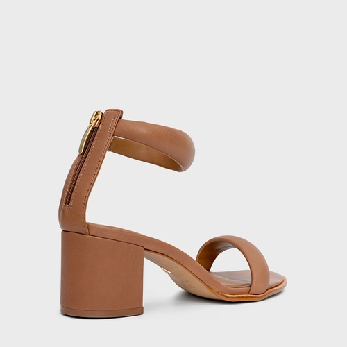 Sandália Puffy Tiras Salto Bloco Couro Marrom Luggage