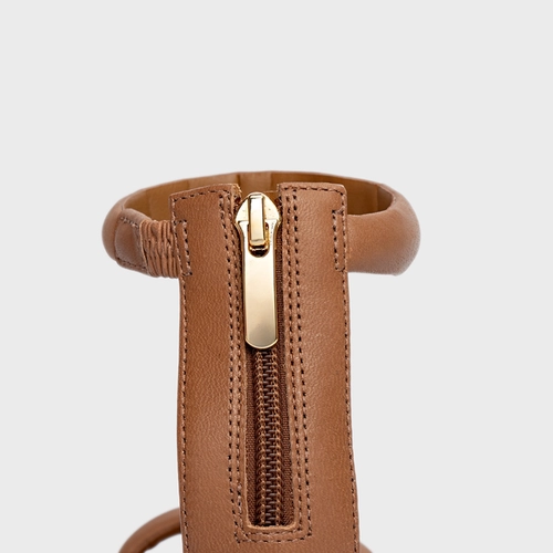 Sandália Puffy Tiras Salto Bloco Couro Marrom Luggage