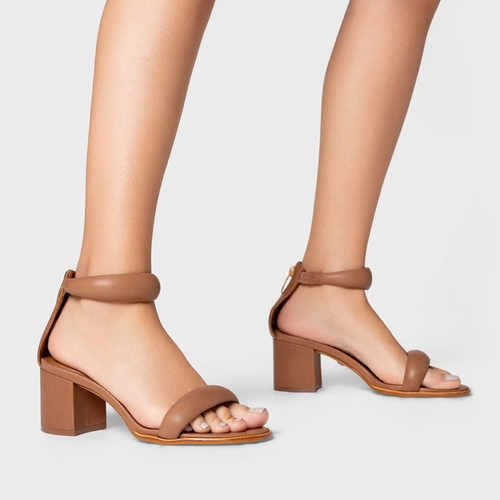 Sandália Puffy Tiras Salto Bloco Couro Marrom Luggage