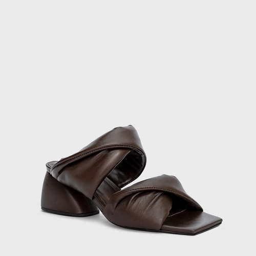 Open Mule Twist Puffy Salto Flare Couro Marrom Dark Brown