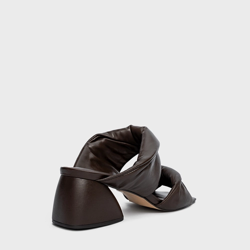 Open Mule Twist Puffy Salto Flare Couro Marrom Dark Brown