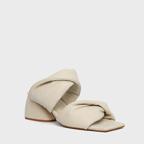 Open Mule Twist Puffy Salto Flare Couro Off White Egg Shell