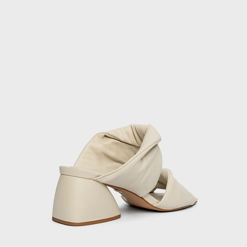 Open Mule Twist Puffy Salto Flare Couro Off White Egg Shell