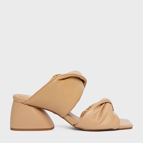 Open Mule Twist Puffy Salto Flare Couro Bege Crema