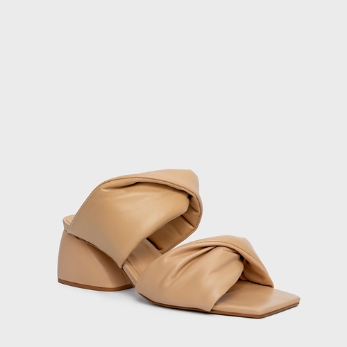 Open Mule Twist Puffy Salto Flare Couro Bege Crema