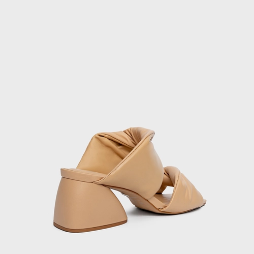 Open Mule Twist Puffy Salto Flare Couro Bege Crema