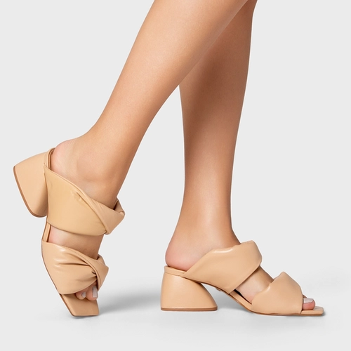 Open Mule Twist Puffy Salto Flare Couro Bege Crema