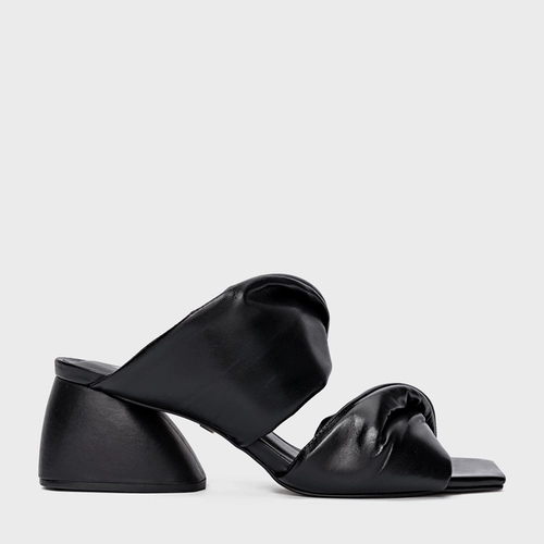 Open Mule Twist Puffy Salto Flare Couro Preto