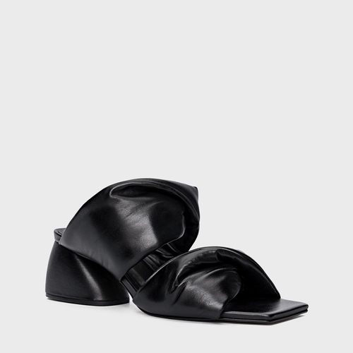 Open Mule Twist Puffy Salto Flare Couro Preto