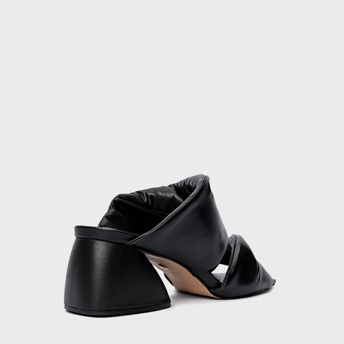 Open Mule Twist Puffy Salto Flare Couro Preto