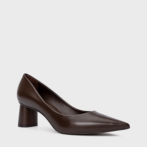 Scarpin Felícia Salto Oval Couro Marrom Dark Brown