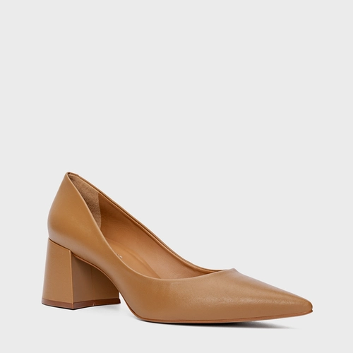 Scarpin Lauren Salto Bloco Couro Marrom Camel