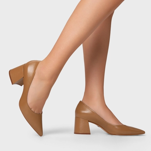 Scarpin Lauren Salto Bloco Couro Marrom Camel