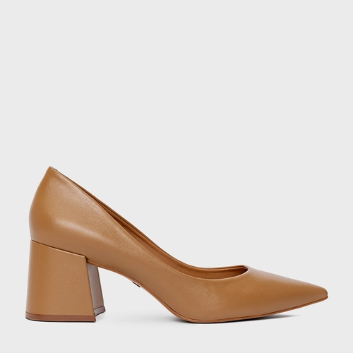 Scarpin Lauren Salto Bloco Couro Marrom Camel