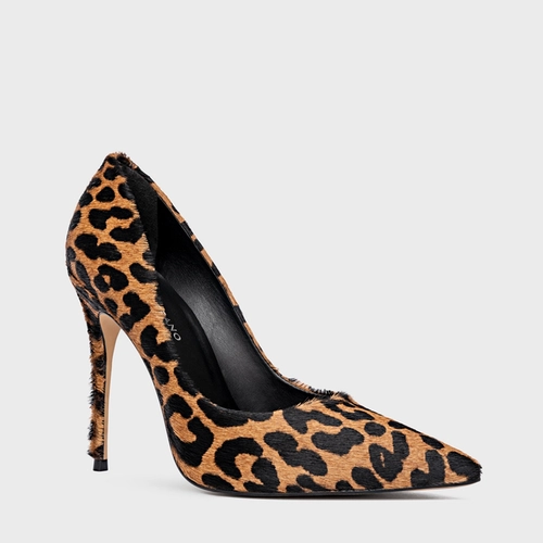 Scarpin Loretta Salto FIno Pelo Animal Print Camel