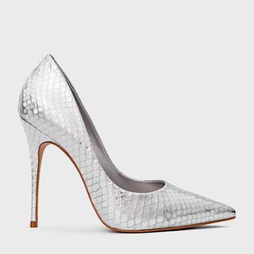 Scarpin Loretta Salto Fino Couro Snake Prata