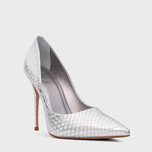 Scarpin Loretta Salto Fino Couro Snake Prata