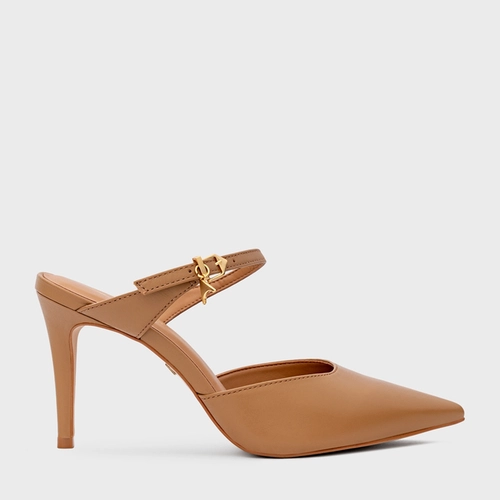 Mule Charm Salto Fino Couro Marrom Camel