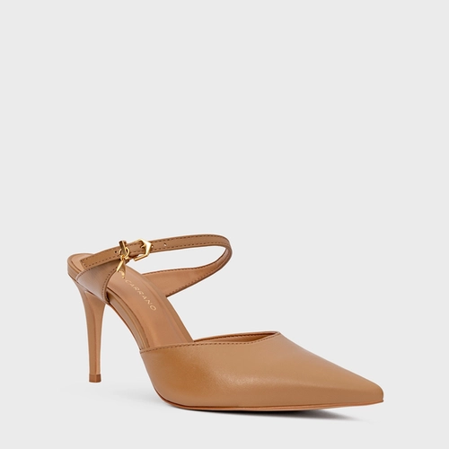 Mule Charm Salto Fino Couro Marrom Camel