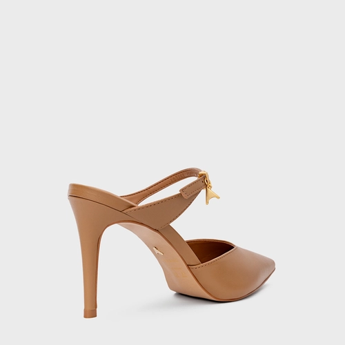 Mule Charm Salto Fino Couro Marrom Camel