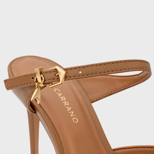 Mule Charm Salto Fino Couro Marrom Camel