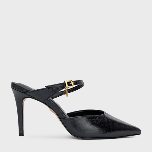 Mule Charm Salto Fino Couro Metalizado Preto