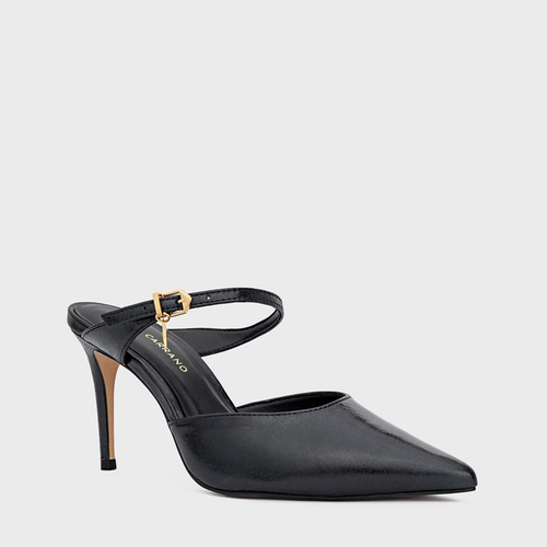 Mule Charm Salto Fino Couro Metalizado Preto