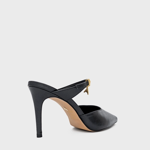 Mule Charm Salto Fino Couro Metalizado Preto