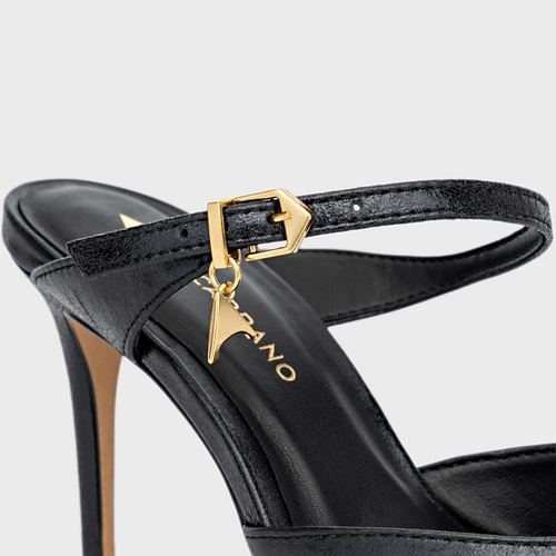 Mule Charm Salto Fino Couro Metalizado Preto
