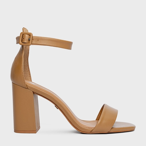 Sandália Classic Salto Bloco Couro Marrom Camel