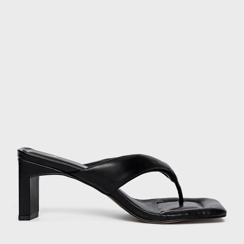 Open Mule Thong Puffy Salto Pilar Couro Preto