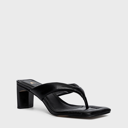 Open Mule Thong Puffy Salto Pilar Couro Preto
