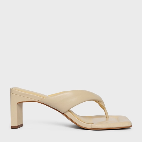 Open Mule Thong Puffy Salto Pilar Couro Amarelo Egg Shell