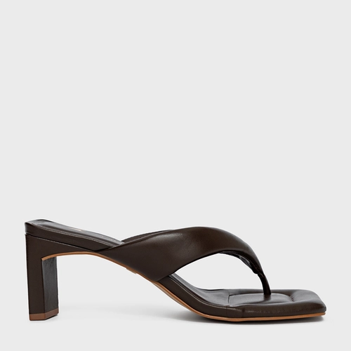 Open Mule Thong Puffy Salto Pilar Couro Marrom Coffee