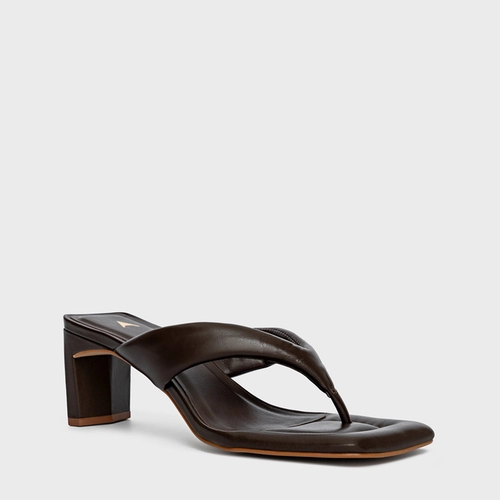 Open Mule Thong Puffy Salto Pilar Couro Marrom Coffee