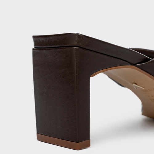 Open Mule Thong Puffy Salto Pilar Couro Marrom Coffee