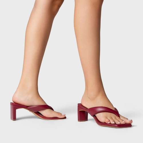 Open Mule Thong Puffy Salto Pilar Couro Vinho Cereja