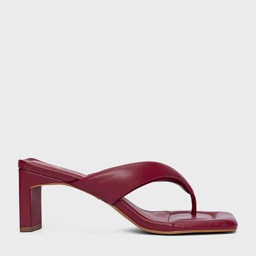 Open Mule Thong Puffy Salto Pilar Couro Vinho Cereja