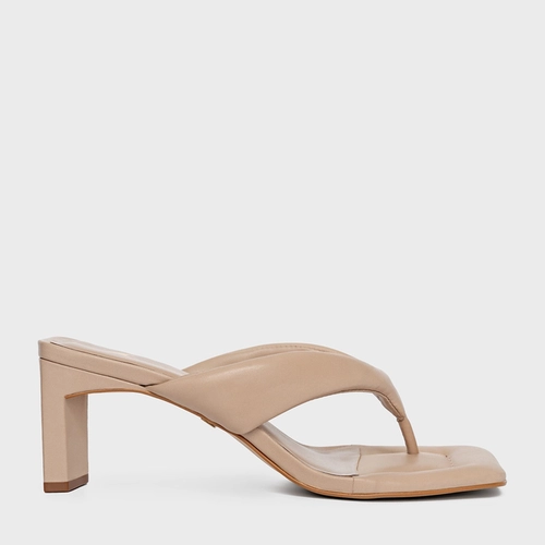 Open Mule Thong Puffy Salto Pilar Couro Bege Blush