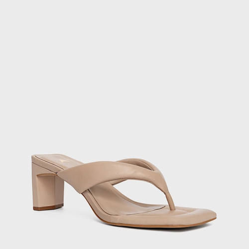 Open Mule Thong Puffy Salto Pilar Couro Bege Blush