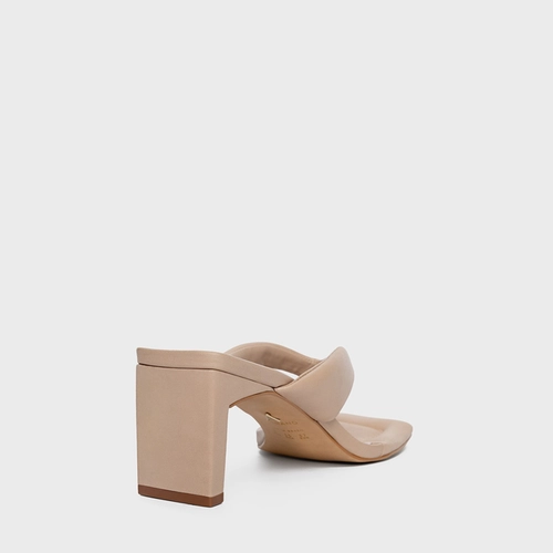 Open Mule Thong Puffy Salto Pilar Couro Bege Blush