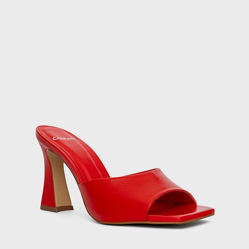 Open Mule Holiday Salto Vírgula Couro Vermelho Bright