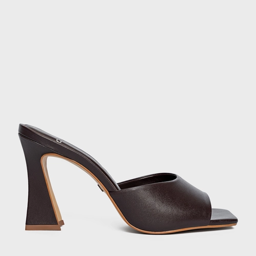 Open Mule Holiday Salto Vírgula Couro Marrom Dark Chocolate