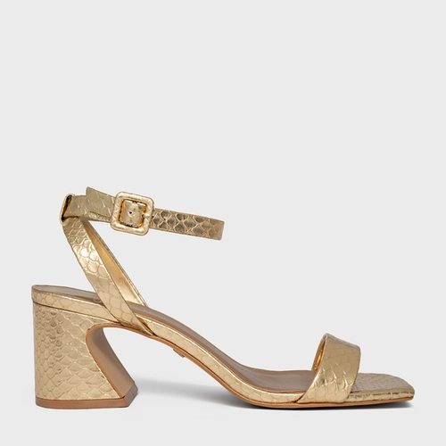 Sandália Tiras Salto Wave Couro Snake Dourado