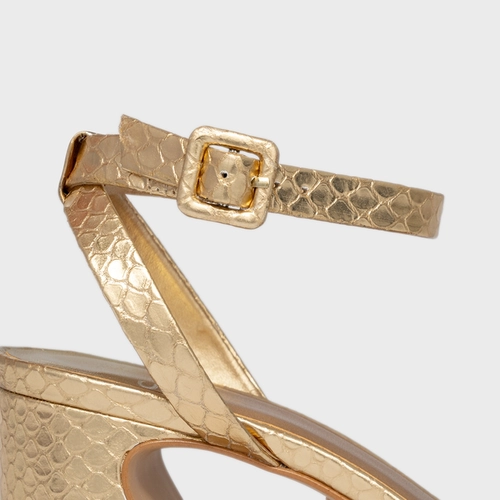 Sandália Tiras Salto Wave Couro Snake Dourado