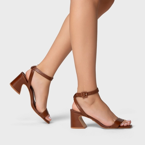 Sandália Tiras Salto Wave Couro Marrom Cinnamon