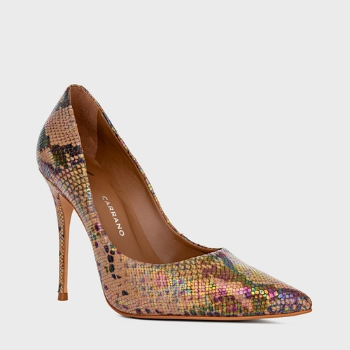 Scarpin Loretta Salto Fino Couro Snake Holográfico
